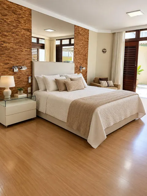 Quarto de casal com parede em tijolos aparentes