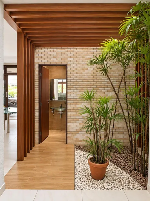 Jardim interno com pergolado